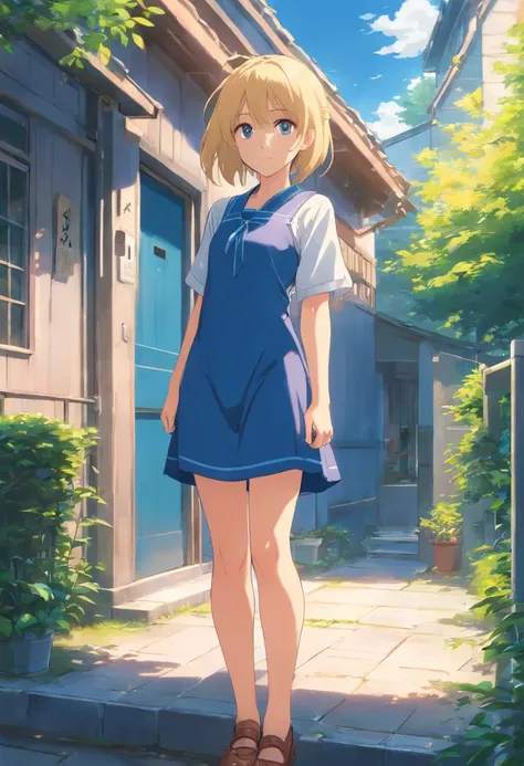 Anime girl with long blonde hair and blue dress stands in front of house, loli in dress, small curvy loli, Cute anime waifu in a nice dress, splash art anime loli, Cute anime girl, pretty anime girl, blonde anime girl with long hair, Beautiful anime girl, ...