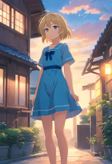 Anime girl with long blonde hair and blue dress stands in front of house, loli in dress, small curvy loli, Cute anime waifu in a nice dress, splash art anime loli, Cute anime girl, pretty anime girl, blonde anime girl with long hair, Beautiful anime girl, ...