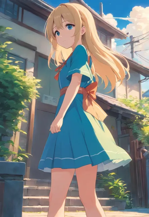 Anime girl with long blonde hair and blue dress stands in front of house, loli in dress, small curvy loli, Cute anime waifu in a nice dress, splash art anime loli, Cute anime girl, pretty anime girl, blonde anime girl with long hair, Beautiful anime girl, ...