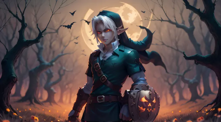 DarkLinkV4, male, masculine, serious, mysterious, spooky halloween field, night, glow, high detailed half-elf male, elf, brown_hair messy_hair smiling_face, green_eyes, scar_across_eye, pointed_ears, tan, armor breastplate blue_cape, leather_gloves, belt, ...