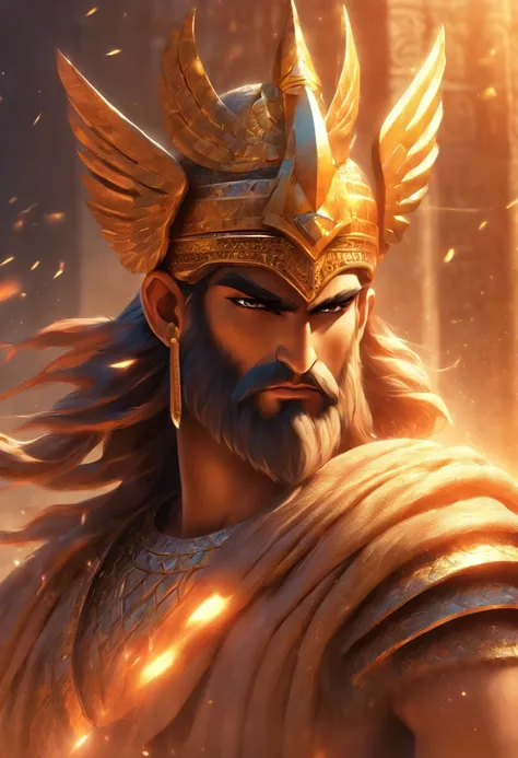 (((King Mesopotamia))) best quality, ultra-high resolution, 4K detailed CG, master piece, Sumerian man, crown with horns, Mesopotamia, Sumeria, Sumerian clothing, Sumerian Mythology,Mesopotamian Mythology, Babylonian Mythology,((with wings)), Babylonian im...