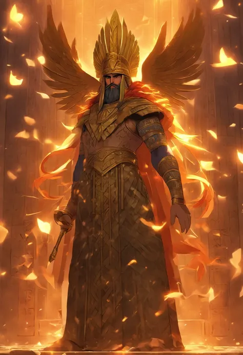 (((King Mesopotamia))) best quality, ultra-high resolution, 4K detailed CG, master piece, Sumerian man, crown with horns, Mesopotamia, Sumeria, Sumerian clothing, Sumerian Mythology,Mesopotamian Mythology, Babylonian Mythology,((with wings)), Babylonian im...