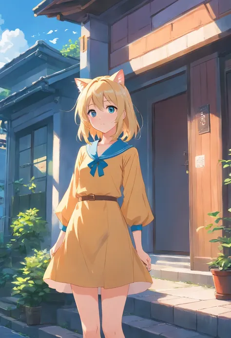 From the point of view of ants、Anime cat-eared girl with long blonde hair and blue dress stands in front of house, loli in dress, small curvy loli, Cute anime waifu in a nice dress, splash art anime loli, Cute anime girl, pretty anime girl, blonde anime gi...