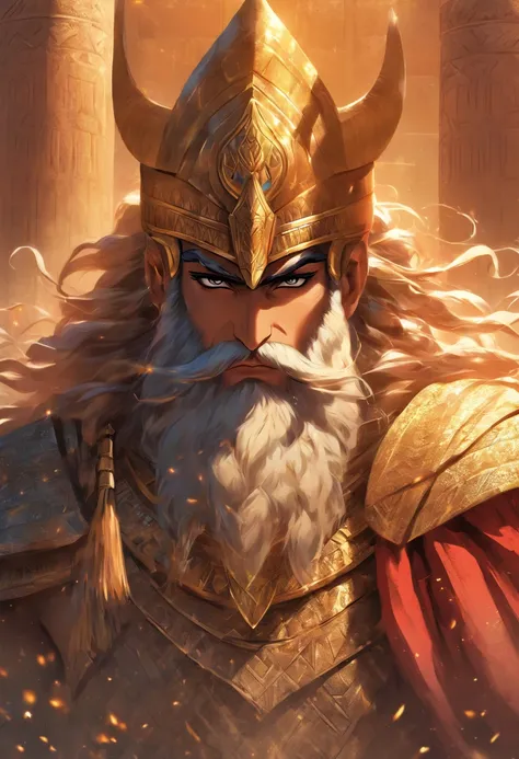 (((King Mesopotamia))) best quality, ultra-high resolution, 4K detailed CG, master piece, Sumerian man, horned helmet, Mesopotamia, Sumeria, Sumerian clothing, Sumerian Mythology,Mesopotamian Mythology, Babylonian Mythology, Picture style Babylonian, aesth...