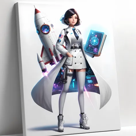 Woman in white coat holding book and rocket, portrait anime space cadet girl, portrait armored astronaut girl, futuristic astronaut, Super cool rocket, nanogirl, scifi woman, fashionable futuristic woman, in a space cadet outfit, Cyborg merchant girl, girl...