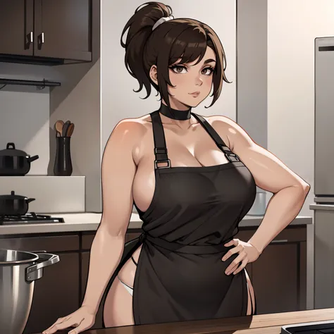 one female with short ponytail brown haircut, wearing nothing but a short low cut black apron with thin shoulder straps, thicc, alone, solo, (ALONE)(SOLO), showing cleavage, facing forward, looking at me, looking forward, showing belly, in kitchen baking s...