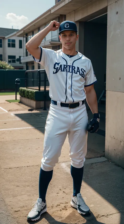 full body image of an athletic man, aged 31 years, short blond hair with a male haircut, dressed up in a baseball uniform with a cap and workout gloves, standing on a street with his right fist raised, looking into the camera with a slight smile, sharp and...