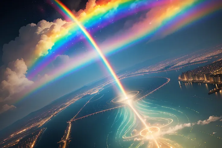 Rainbows appear over cities and rivers，There are ships, rainbow in the sky, still of rainbow ophanim, just one rainbow 8 k, Similar to double frost, bright rainbow nimbus, ethereal rainbows, Rainbow reflections, Rainbow clouds, rainbows in the background, ...