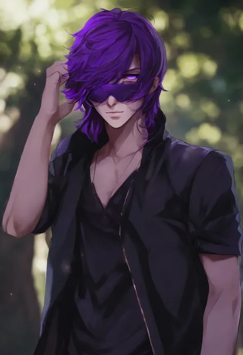 personagem masculino, jovem, cabelo roxo, Neon Purple Mask, naipe, anime, Escuro