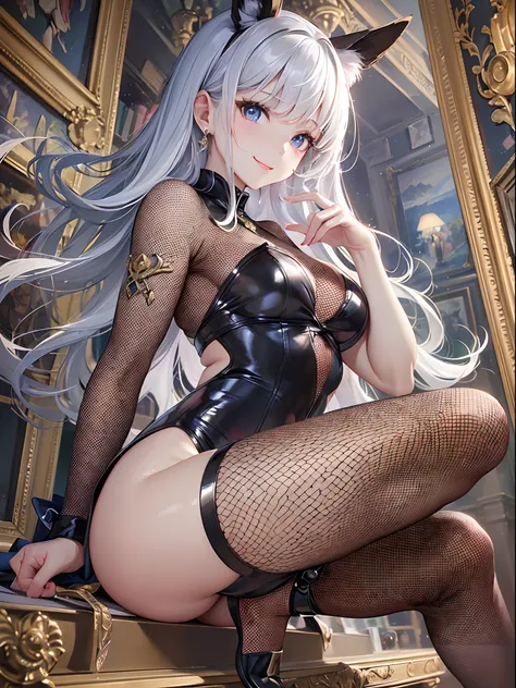 ((Finest quality)),(超A high resolution),(ultra-detailliert),(Meticulous portrayal),((best pictures)),(Finest works of art),Ultra-Precision Art,The art of astounding depiction, (1人の女性:1.5),a smile,bunnygirl:1.5,fishnet tights,