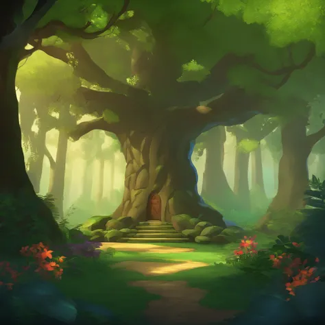 Plataforma Jodo 2D, Beautiful magical forest background, video game scenario