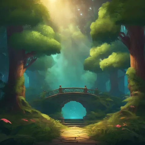 Plataforma Jodo 2D, Beautiful magical forest background, video game scenario