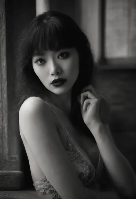 Tomie Junjiito wearing black lace bra looks scary, Sit with your legs open.., trousers.