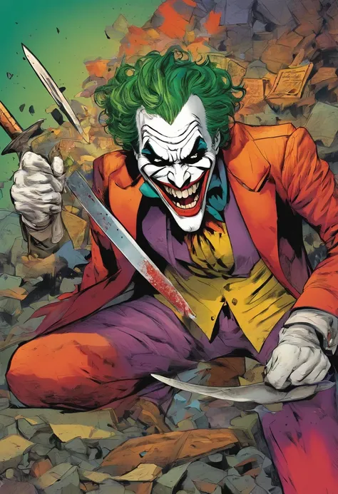 Joker a few meters ahead, made-up face disfigured in psychotic laughter. Frown with tongue out. Shabby and torn colorful costumes. One hand holds a curved knife, the other stretched forward in defiance.