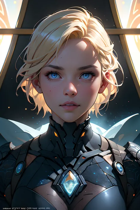 Highly detailed RAW color photo, beautiful young woman, short blonde hair, dynamic pose, (wide hips), (detailed skin), (detailed lips), (detailed eyes), (cosmic: 1.4), (necropolis: 1.1), (science fiction setting) (detailed face), detailed eyes, chromatic a...