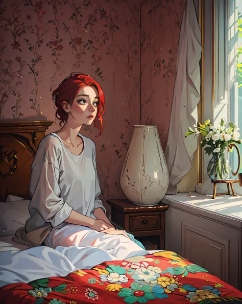 inside a tranquil bedroom, a young woman with fair, white skin and vibrant red hair exudes a shy and kind personality. her norwe...