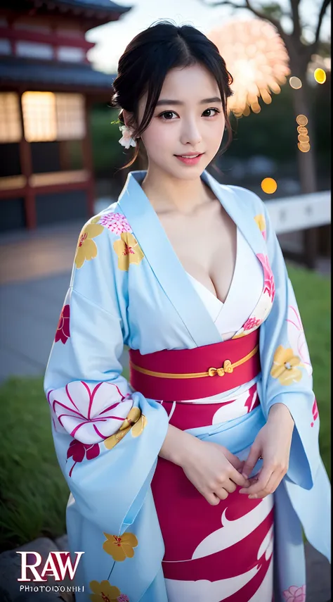 (8K、Raw photography、top-quality、​masterpiece:1.45)、(realisitic、Photorealsitic:1.35)、(((Fireworks Venue、natta)))、one girls、cute little、Seductive smile:1.2、(((Kimono,Yukata)))、profetional lighting、Rich details、(Fine facial features)、二重まぶた、Colossal tits、Valle...