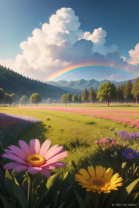 rainbow in the sky，Tano，grass field，Flowers nearby，4K Ultra HD, 超高分辨率, (Photorealistic: 1.4), Best quality，Masterpiece，Utra dilution，（pastel colour：1.2）