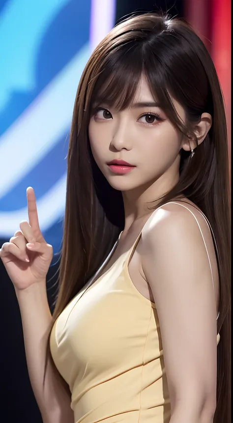 (Best quality, 8K, masutepiece, Ultra HD: 1.3), 1girl in, smallunderboob, Light brown hair, Blunt bangs, hair behind ear, hair over shoulders, Long hair,  Slender body type, ultradetail face, Delicate lips, Beautiful eyes, Double eyelids, lipsticks,Invite ...