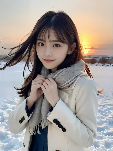 (Close up portrait of one girl with slender small breasts and long hair with dull bang in winter uniform with white coat and gray scarfs:1.5)、(One girl opens her hands wide with small smile and hair fluttering in the wind :1.3)、(Beautiful snowy sunset red ...