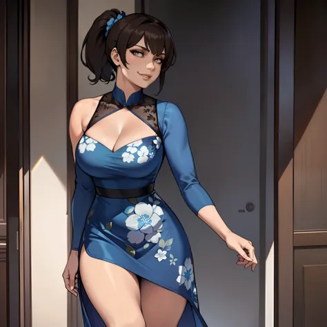 one female with short ponytail brown haircut, long form fitting blue floral dress, alone, solo, (ALONE)(SOLO), showing cleavage, facing forward, looking at me, looking forward, smirk, showing full legs