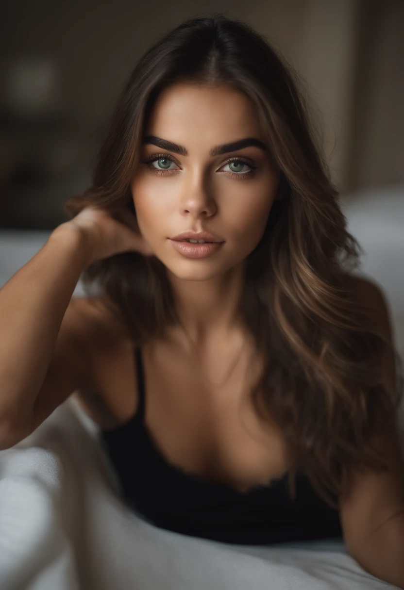 Lana Rhodes con una camiseta blanca sin mangas y un collar, Chica sexy con ojos grises, Retrato Sophie Mudd, brown hair and large eyes, selfie de una mujer joven, Ojos del dormitorio, Violeta Myers, sin maquillaje, Maquillaje natural, staring directly into...