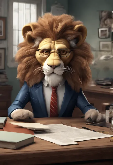 3D lion caricature wearing suit and glasses, placed in his office room, light lamb on the fence, some papers on the table