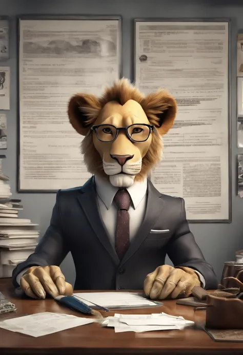 3D lion caricature wearing suit and glasses, placed in his office room, light lamb on the fence, some papers on the table