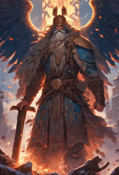 (((Slavic God))) best quality, ultra-high resolution, 4K detailed CG, master piece,Perun, man, long hair and beard, Axe, Slavic armor, Eagle in the sky, Slavic Mythology, ((Holding ax in hands)),Slavic painting style, aesthetic, centered on the canvas