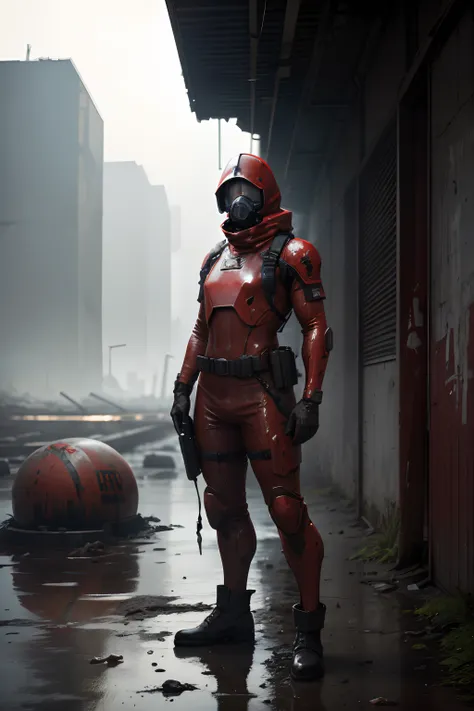 a highly detailed image of a soldier, wearing a dirty futuristic red rubber hazmat suit, standing in a derelict industrial harbor, covered in black oily goo. cyberpunk style