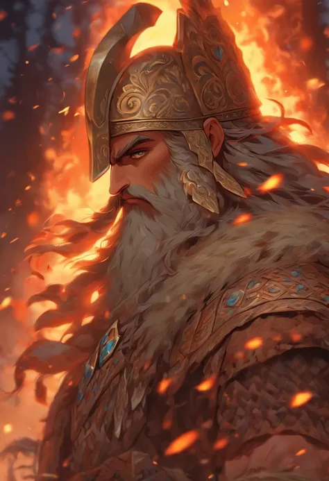 (((Slavic God))) best quality, ultra-high resolution, 4K detailed CG, master piece,Perun, man,long hair and beard,Axe,Slavic armor,Slavic Mythology,((Holding ax in hands)), Slavic, aesthetic, canvas-centered painting style