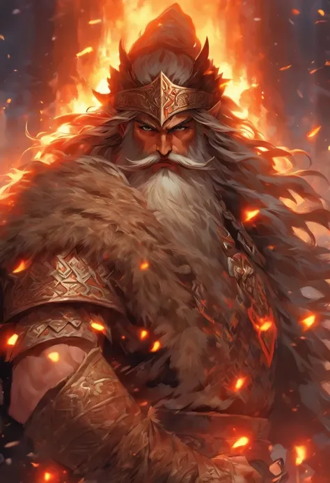 (((Slavic God))) best quality, ultra-high resolution, 4K detailed CG, master piece,Perun, man,long hair and beard,Axe,Slavic armor,Slavic Mythology,((Holding ax in hands)), Slavic, aesthetic, canvas-centered painting style