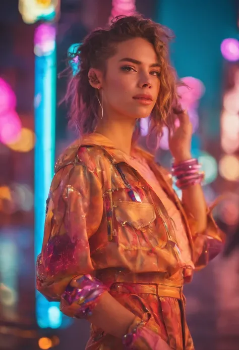 1fille, 20 ans, Grand et attrayant, portant un string, braided hair, debout dans une rue. Sourire doux et yeux expressifs. , ciel bleu clair. The composition should be bathed in the warm light of the golden hour, with a soft depth of field and soft bokeh t...