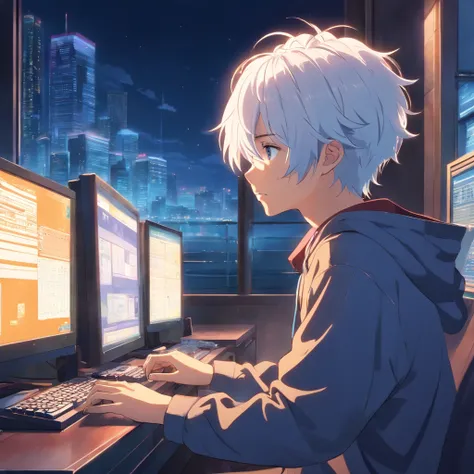 masterpiece, best quality, movie still, 1boy with white hair, playing in the computer, dark clohtes, game art, close-up, bright, at night