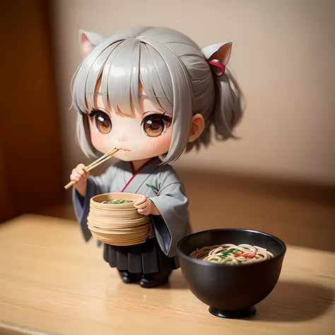 ​masterpiece、top-quality、ultra-detailliert、(Chibi Charas Daughter:1.2)、独奏、//((Eating soba noodles(Gray thin noodles:1.2)These come in Japanese-style vessels))、Hold these in your hands、Holding chopsticks in hand、