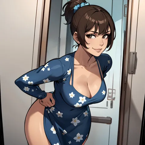 one female with short ponytail brown haircut, long form fitting blue floral dress, alone, solo, (ALONE)(SOLO), showing cleavage, facing forward, looking at me, looking forward, smirk, showing full legs, looking casual