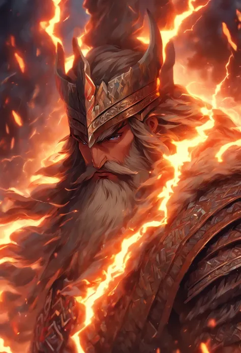 (((Slavic God))) best quality, ultra-high resolution, 4K detailed CG, master piece, Slavic man, long hair and beard, Axe, lightning in the background, Slavic armor, Slavic Mythology, ((ax in hand) ),Slavic painting style, aesthetic