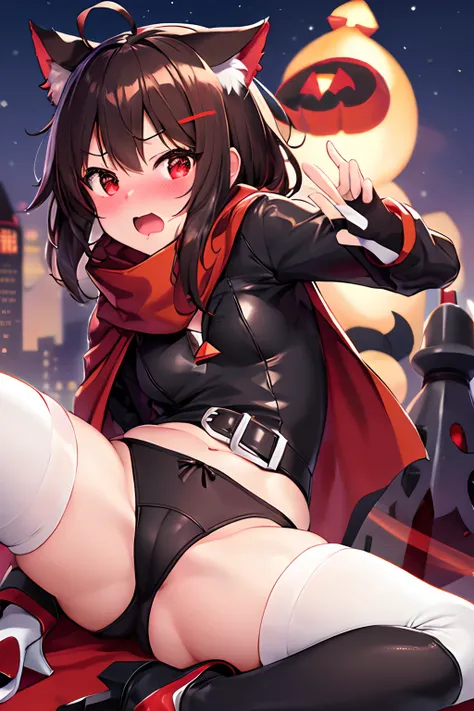 megumin, winter clothes, cat ears, white hoodie, short hair with long side locks, brown hair, red eyes, red scarf, white cape, gloves, black bodysuit,
1girl, best quality, extremely detailed face, perfect lighting, solo, (((jack-o challenge))), flexible, s...