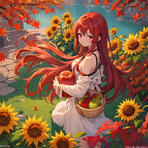 Long red hair anime girl with apple basket, the goddess of autumn harvest, artwork in the style of guweiz, Official art, Beautiful sunflower anime girl, marin kitagawa fanart, official artwork, guweiz, painted in anime painter studio, 🍁 Cute, sakimichan, b...