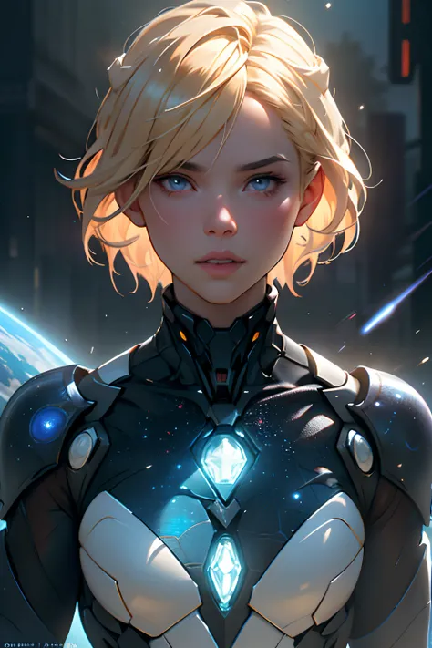 Highly detailed RAW color photo, beautiful young woman, short blonde hair, dynamic pose, (wide hips), (detailed skin), (detailed lips), (detailed eyes), (cosmic: 1.4), (necropolis: 1.1), (science fiction setting) (detailed face), detailed eyes, chromatic a...