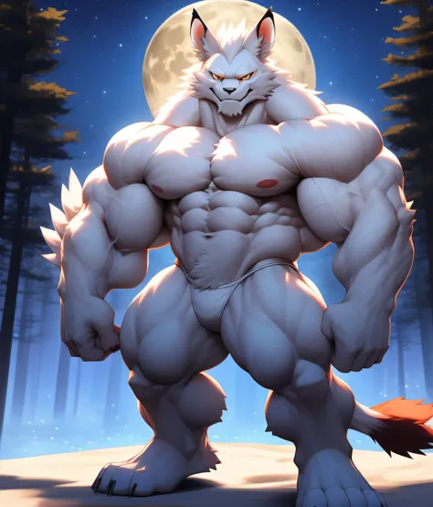 PRO competitive bodybuilder, nj5furry, (Albino Leomon,16 years old, massive, huge, muscular, Gigachad), (((((WHITE THONG))))) albino Leomon,YOUNG FACE, TEEN, ((extremely realistic shadows, masterpiece, extremely detailed, photorealistic)), kemono, looking ...