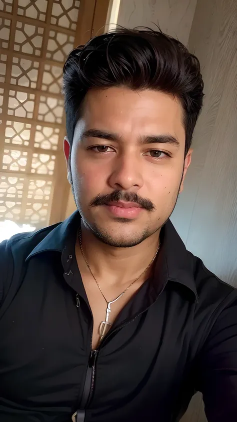 there is a man with a mustache and a black shirt, with accurate face, kyza saleem, roshan, ayan nag, khyzyl saleem, portait photo profile picture, vinayak, good looking face, without beard, ash thorp khyzyl saleem, very very low quality picture, dhamphir, ...