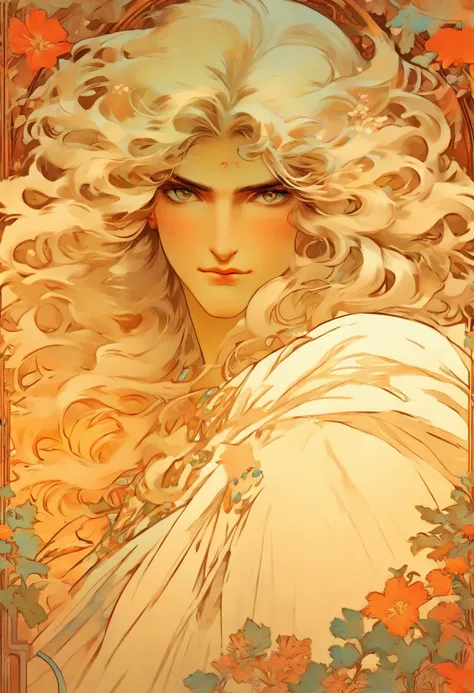 Slavic god, long white hair, floral frame, decorative panels, artistic abstract, Director: Alphonse Mucha, (master piece, best quality, Highs:1.4), detailed, intricate details, 4k, Color splash, line art, Fibonacci, In the style of Alfons Mucha