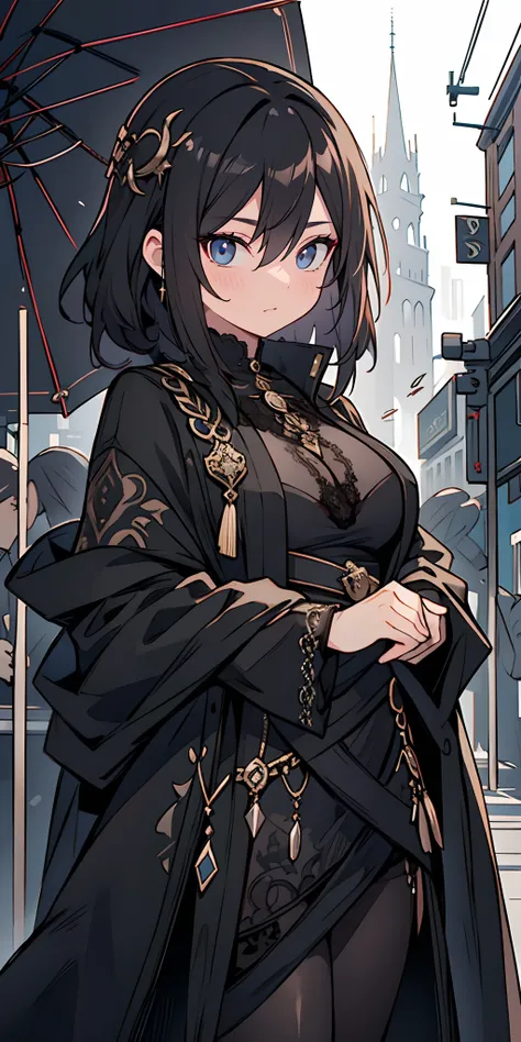 a chic goth fashionista, alluring darkness draped in elegant obsidian attire, lace and leather, intricate jewelry, smoky eyeliner, wandering the neon-lit streets of Shinjuku, enigmatic aura, commanding attention, urban nightscapes as her backdrop, best qua...