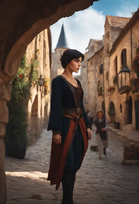 1girl, black short hair, tomboy, serious face, adventure, date, medieval city