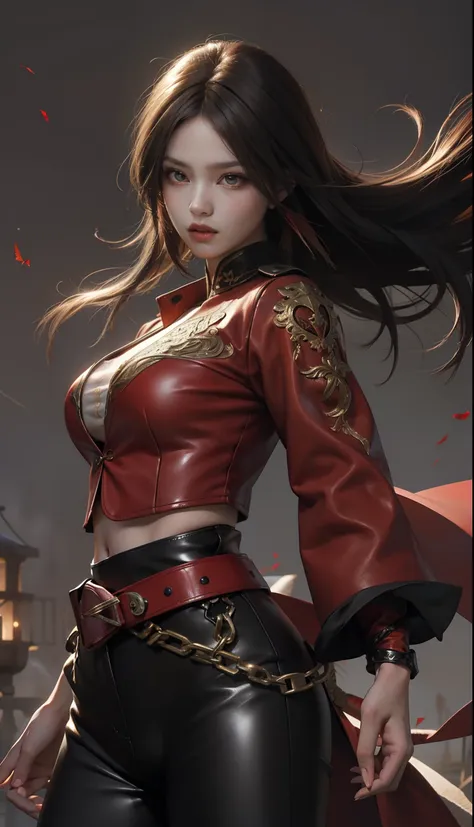 woman in red top and black tight leather pants, she holds a crimson sword、sword、battle characters, long straight hair with red h...