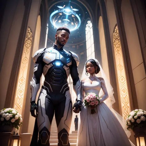 a happy Black man wedding a black woman both wearing african designed clothes getting married, in a garden of flowers and flying drones, african designed spaceships flying in the sky, celebrating congregation in the background, night time with giant androi...