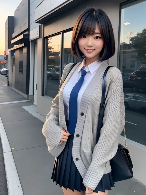 product quality, 1girl, upper body shot, front view, a Japanese young pretty woman, medium bob hair, standing with a big smile on a crowded sidewalk in the sunset, carrying a school bag over her shoulder, glamorous figure, wearing a long length gray knitte...