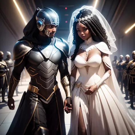 a happy Black man wedding a black woman both wearing african designed black helmets and african designed clothes getting married, in a futuristic dome dark area lit by light sabers in the background,  shining with beautiful and vibrant light,  with iridesc...