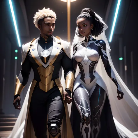 a happy Black man wedding a black woman both wearing futuristic african designed clothes getting married, in a futuristic dark area lit by light sabers in the background,  shining with beautiful and vibrant light,  with iridescent light, photorealistic ima...